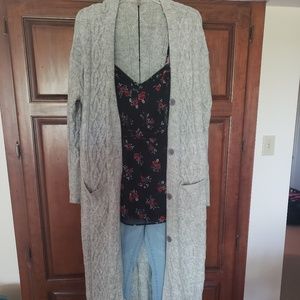 Long cable knit grey cardigan sweater